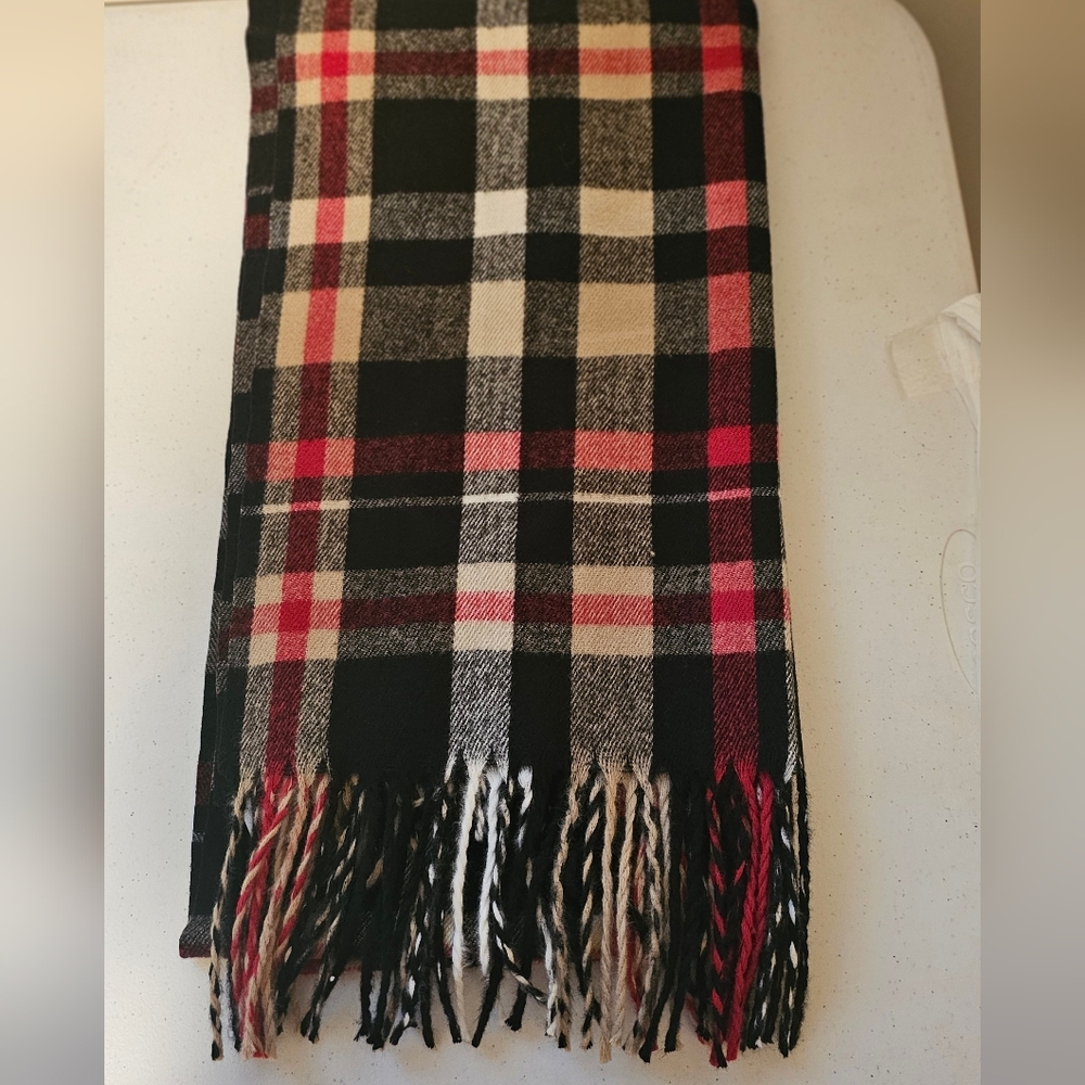 Steve Madden Red & Black Plaid Fringe Scarf